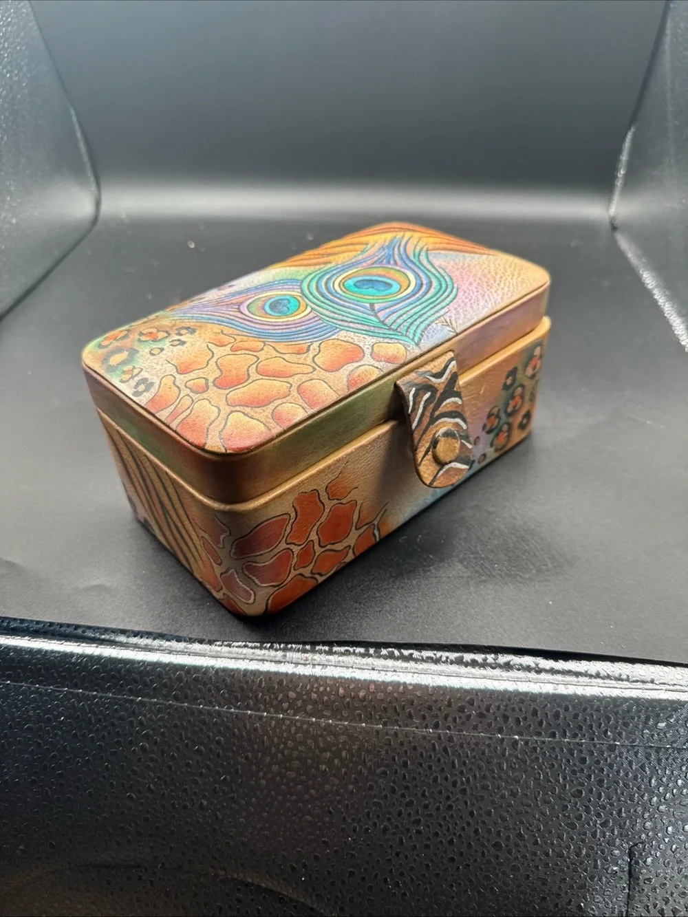 Anuschka Multicolor Peacock Feather Painted Leather Jewelry Box